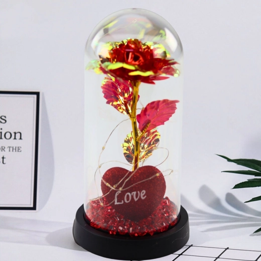 Rose éternelle sous cloche avec éclairage LED, cœur et perles rouges 21x11cm