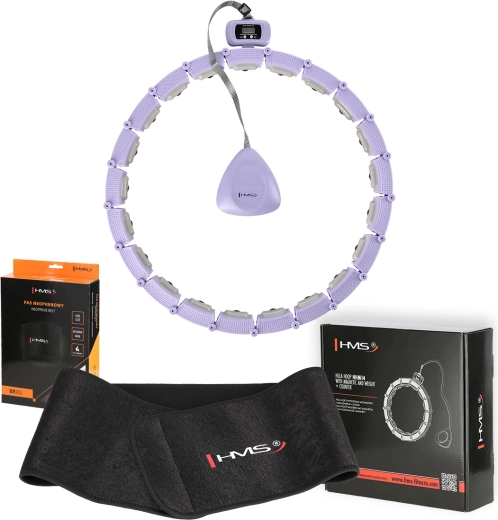Massage hula hoop set with weight and counter + slimming neoprene belt, purple