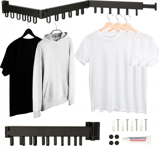 Wall-mounted folding telescopic clothes dryer, black, 123 cm, 18 hooks