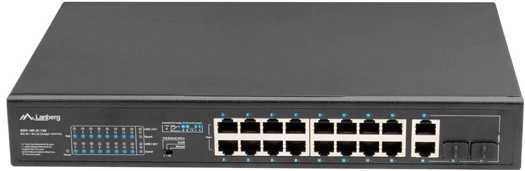 Unmanaged PoE+ Switch 16× Fast Ethernet mit 2× Combo-Gigabit-Uplink, 19" Rack, 150 W