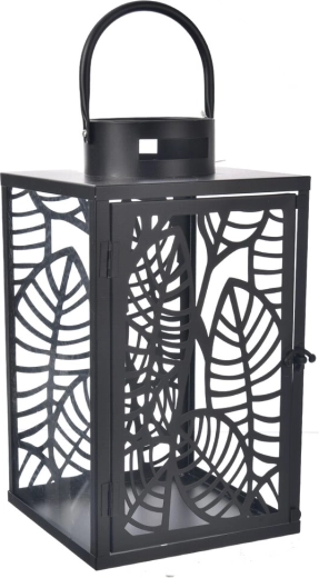 Lanterne en métal avec motif de feuilles, noire, 40 cm