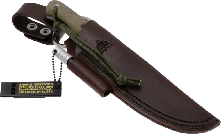 Leather sheath for easy carry, including a firesteel