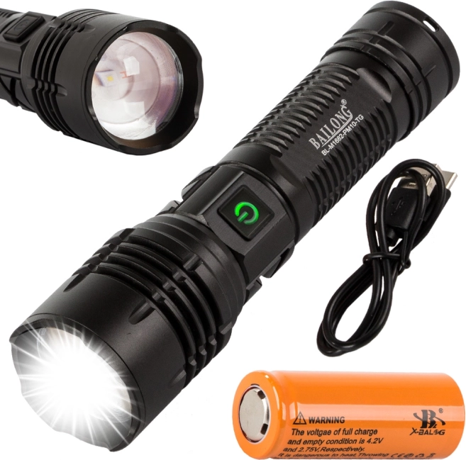 Taktische Taschenlampe Bailong LED mit Zoom-Funktion
