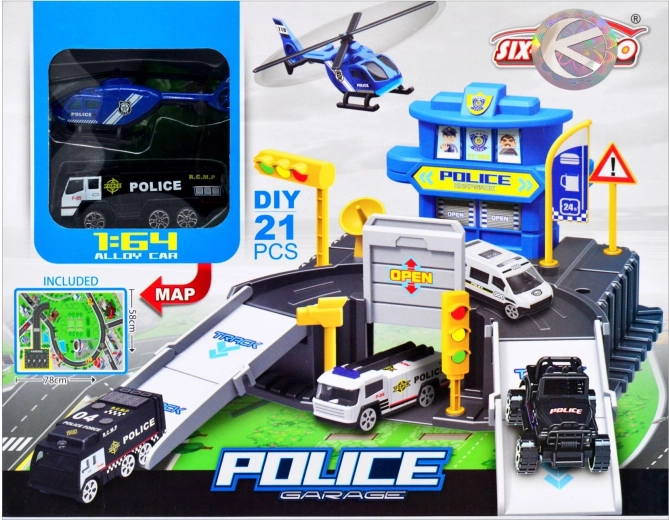 Polizei-Parkhaus mit Set aus Auto und Helikopter