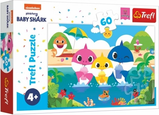 Puzzel Baby Shark – haaienfamilie op vakantie, 60 stukjes (33 × 22 cm)