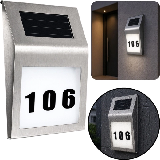Solar LED house number light with backlit number plate, stainless steel