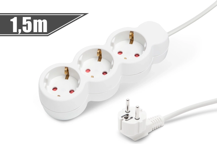 White extension cord with 3 sockets, 1.5 m