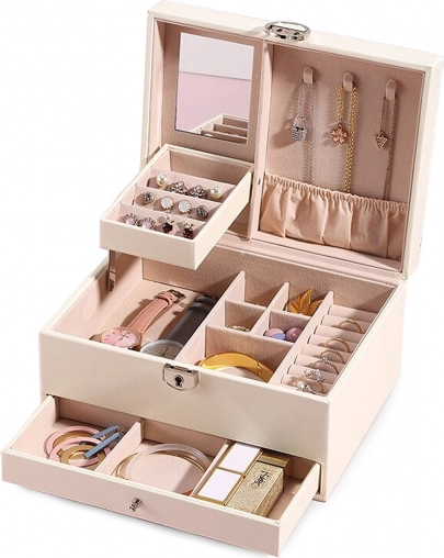 Grande boîte à bijoux en cuir éco avec miroir et tiroir