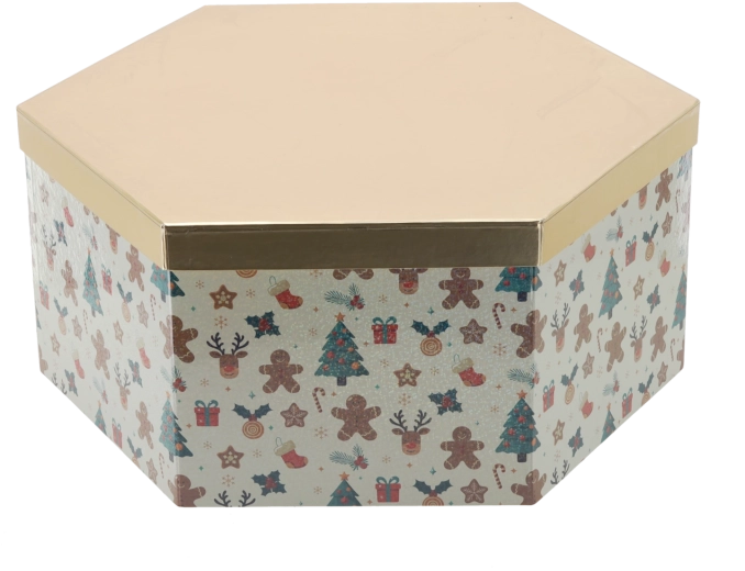 Boîte cadeau de Noël hexagonale avec couvercle doré