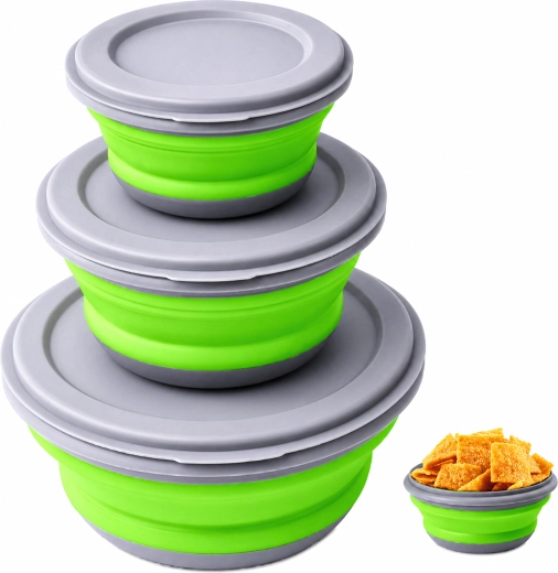 Set van 3 opvouwbare siliconen voedselbakjes met deksels