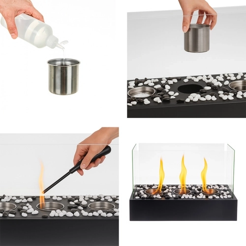 Drie branders en decoratieve steentjes voor een sterk effect