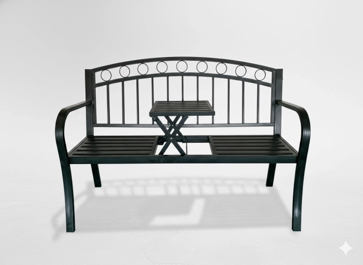 Banc de jardin en métal avec tablette rabattable, 127 × 53 × 84 cm