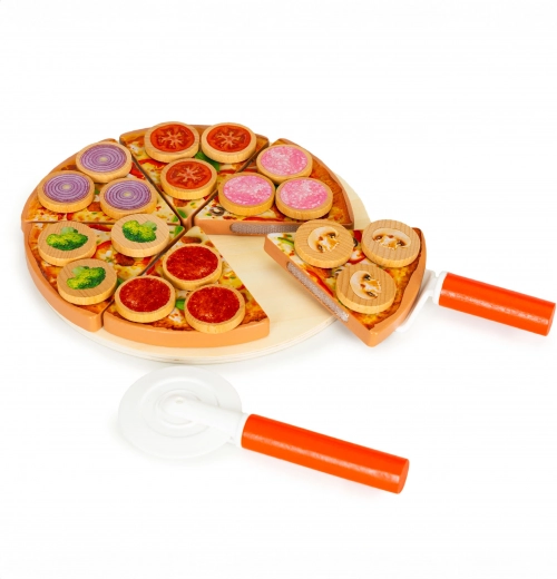 Wooden cut-and-serve pizza with hook-and-loop for kids, 27 pieces