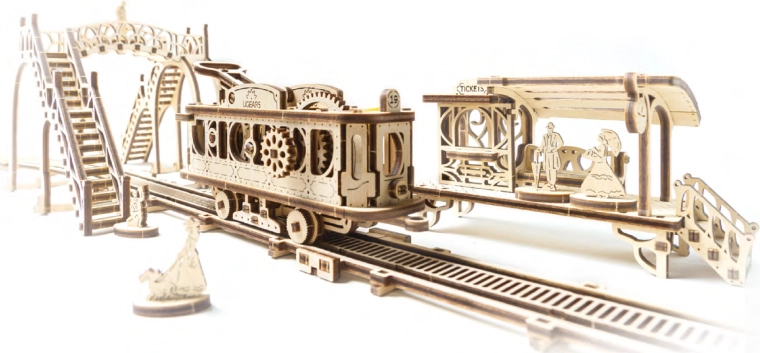 Houten mechanische bouwset UGEARS tramlijn Mechanical Town