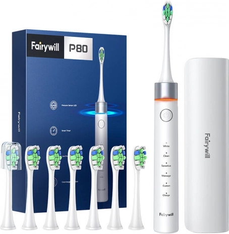 Brosse à dents sonique FairyWill avec capteur de pression, 5 modes et étui – blanche