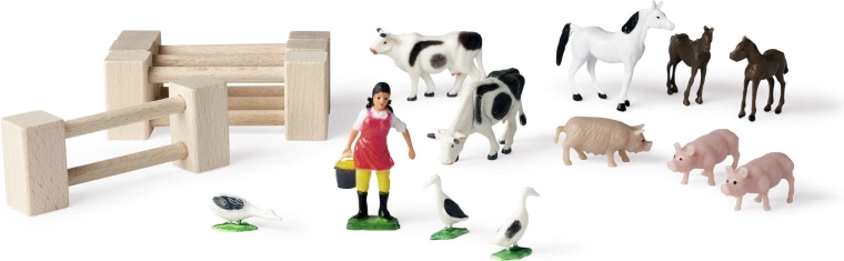 12 detailed animal figures and a farmer
