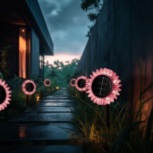 Roze zonne-bloem op zonne-energie, steeklamp en hanglamp