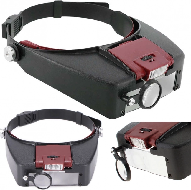 Professional head-mounted magnifier with LED lighting, interchangeable lenses 1.5x–10x