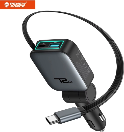 Autoladegerät Renew Force 3v1 72 W mit einziehbarem USB‑C-Kabel (75 cm) - 1 Stück