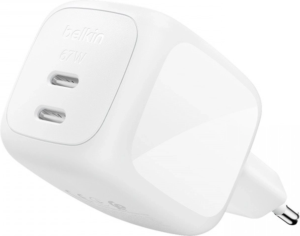 Chargeur secteur double Belkin GaN 67 W avec 2× USB-C, blanc