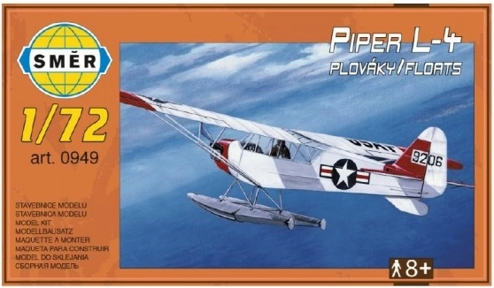 Model Piper L-4 met drijvers 1:72 14,7x9,3 cm in doos 25x14,5x4,5 cm