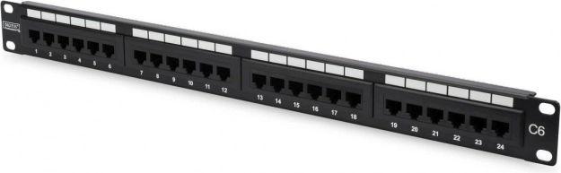 Panneau de brassage 19" 24 ports, catégorie 6, U/UTP, 1U avec support de câbles, noir