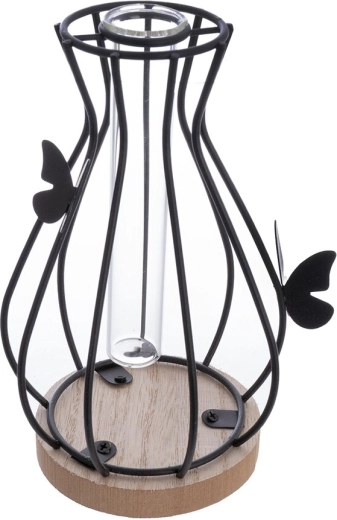 Vase aus Holz und Metall mit schwarzem Schmetterlingsmotiv