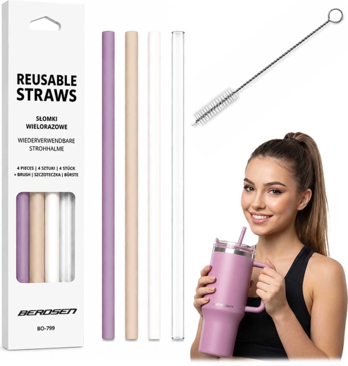 Berdsen reusable plastic cup straw – set of 4 pcs + cleaning brush