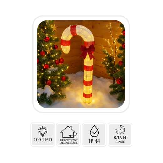 Christmas LED candy cane 1.2 m, 100 LEDs, warm white, for indoor and outdoor use