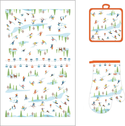 Kitchen set: trivet, oven mitt and tea towel – skiers