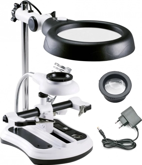 Soldering station with third hand and magnifier with LED lighting