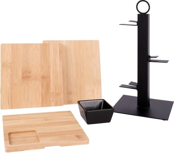 Bamboo trays and a dipping bowl included