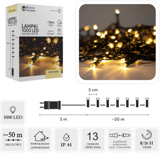 Guirlande lumineuse LED de 1000 diodes, blanc chaud, 50 m