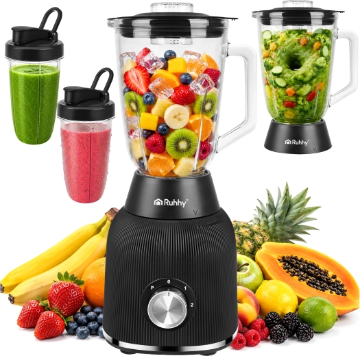 Ruhhy glazen tafelblender 1200 W met ijscrushfunctie en 2 draagbare flessen