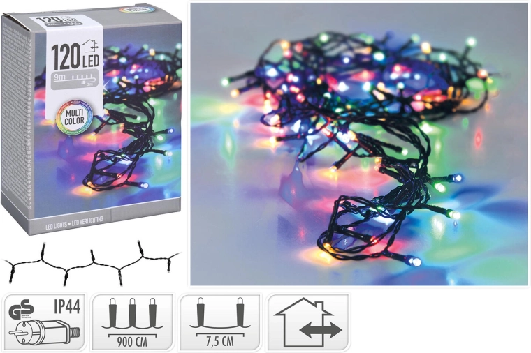 Christmas LED string lights 9 m, 120 LEDs, multicolour, IP44