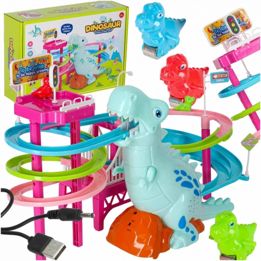 Racebaan dinosaurus met glijbaan, bewegende trap, LED en geluid