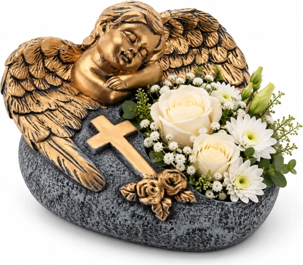 Cement cemetery flower pot with angel, dark gray and gold, 16 × 17.5 × 11 cm