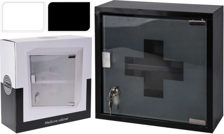 Wall-mounted lockable stainless steel first aid cabinet with glass doors, 30 × 30 × 12 cm, white/black (without contents)