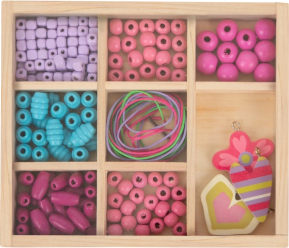 small foot lacing bead set in a wooden box