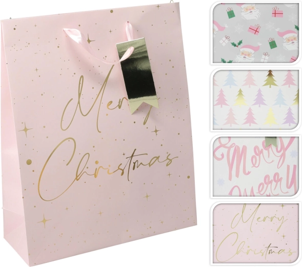 Sac cadeau de Noël rose taille L 32 × 26 × 10 cm, assortiment de décors