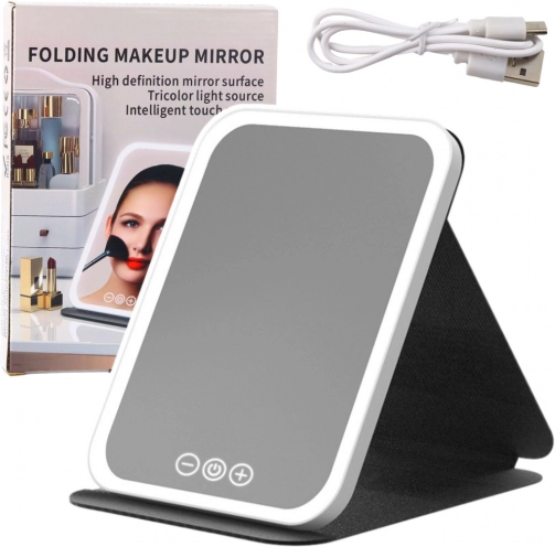 Folding LED mirror with case and stand, 3 lighting modes, stepless brightness control, 23 cm