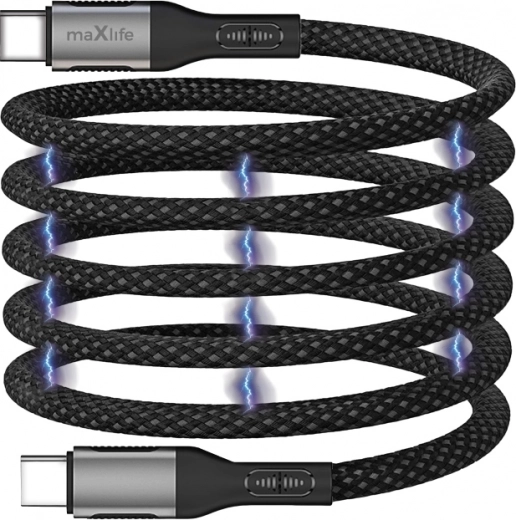 Maxlife magnetic USB‑C to USB‑C cable 1 m, 100 W, nylon, black
