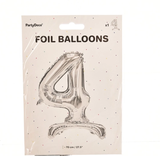 Staande folieballon cijfer 4 zilver 70 cm