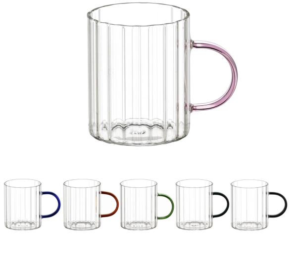 Set van 6 glazen mokken Stripped met oor 400 ml