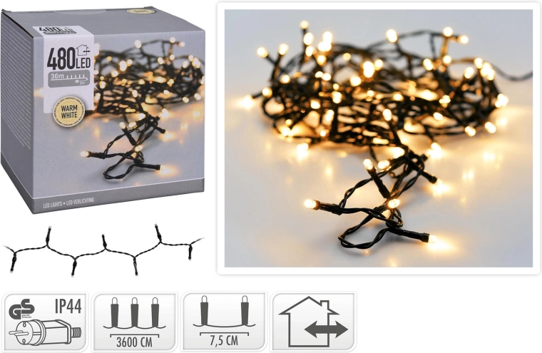 Guirlande lumineuse LED de Noël 36 m, 480 LED, blanc chaud, fil vert - 1 pièce