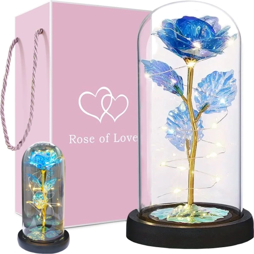 Rose éternelle sous cloche en verre avec éclairage LED – lampe décorative bleue et arrangement cadeau