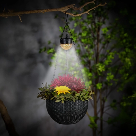 Hangende solar-ledbloempot met rattanlook, zwart