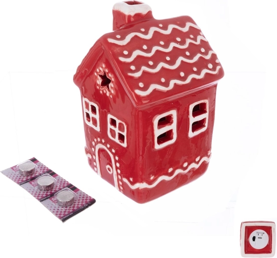 Petite maison de Noël en céramique avec lumière LED rouge