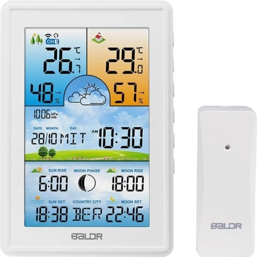 Kabellose Wetterstation Baldr mit Außensensor, Wecker und Mondphase, weiß