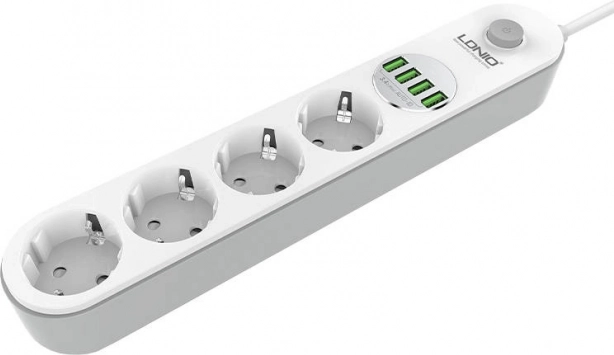 LDNIO overspanningsbeveiligde stekkerdoos met 4 stopcontacten en 4 USB, 2 m, wit
